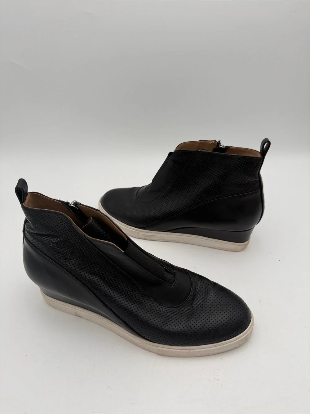 Paolo Black Perforated Leather Wedge Sneakers women 9.5M casual office Y2K retro